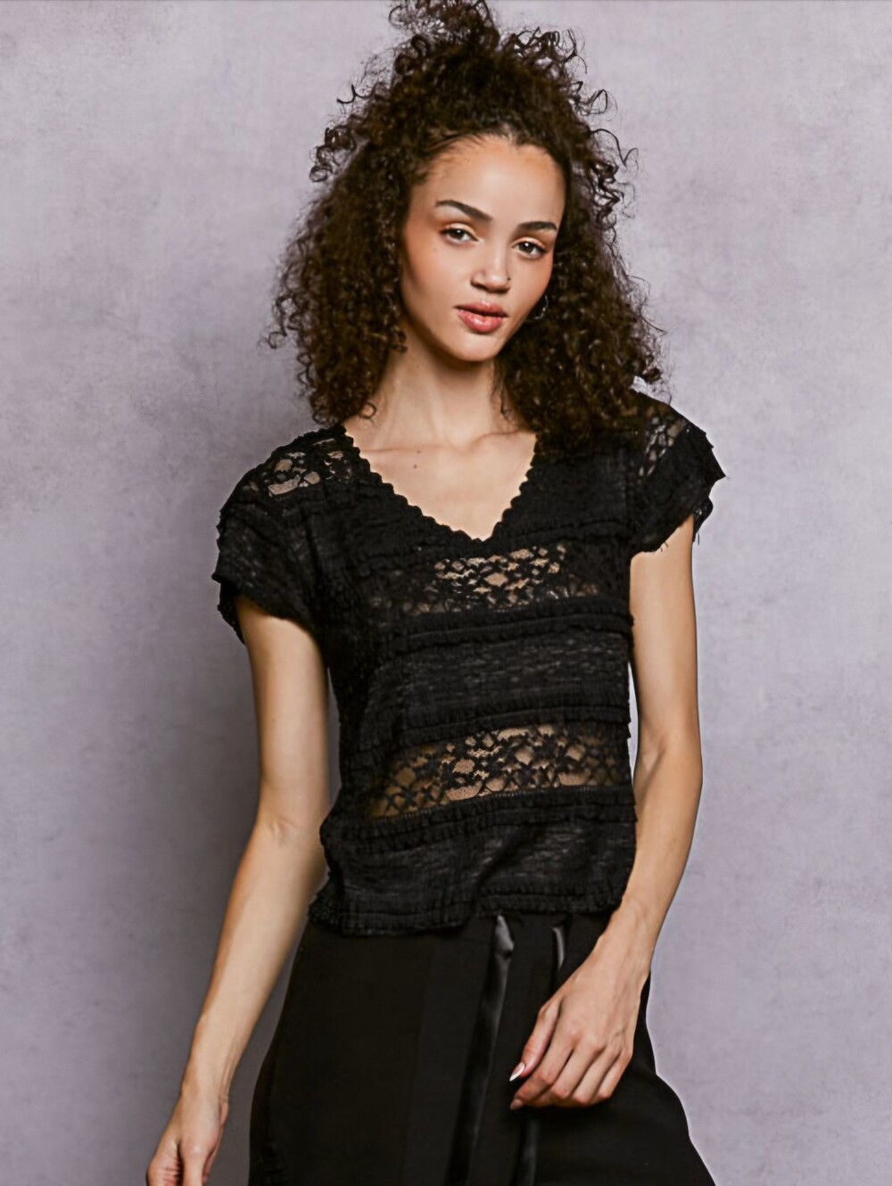 POL Black Lace Crochet Sheer Boho Short Sleeve Top | Women's